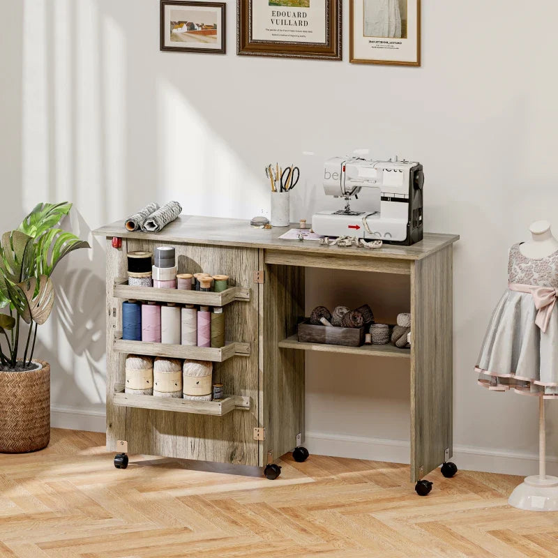 Sewing Machine Cabinet, Folding Sewing Table with Storage Shelf, Bins and Lockable Wheels for Small Space, Grey