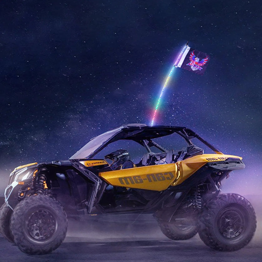 VEVOR 1 PC 5 FT Whip Light, APP & RF Remote Control Led Whip Light, Waterproof 360°Spiral RGB Chasing Lighted Whips with 2 Flags, for UTVs, ATVs, Motorcycles, RZR, Can-am, Trucks, Off-road, Go-karts