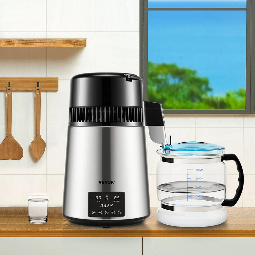 VEVOR 1.1Gal Water Distiller, 0.4Gal/H, Distilled Water Maker Machine 1750W 0-99H Timing Dual Temp Display, 304 Stainless Steel Countertop Distiller Glass Carafe Cleaning Powder 3 Carbon Packs, Silver