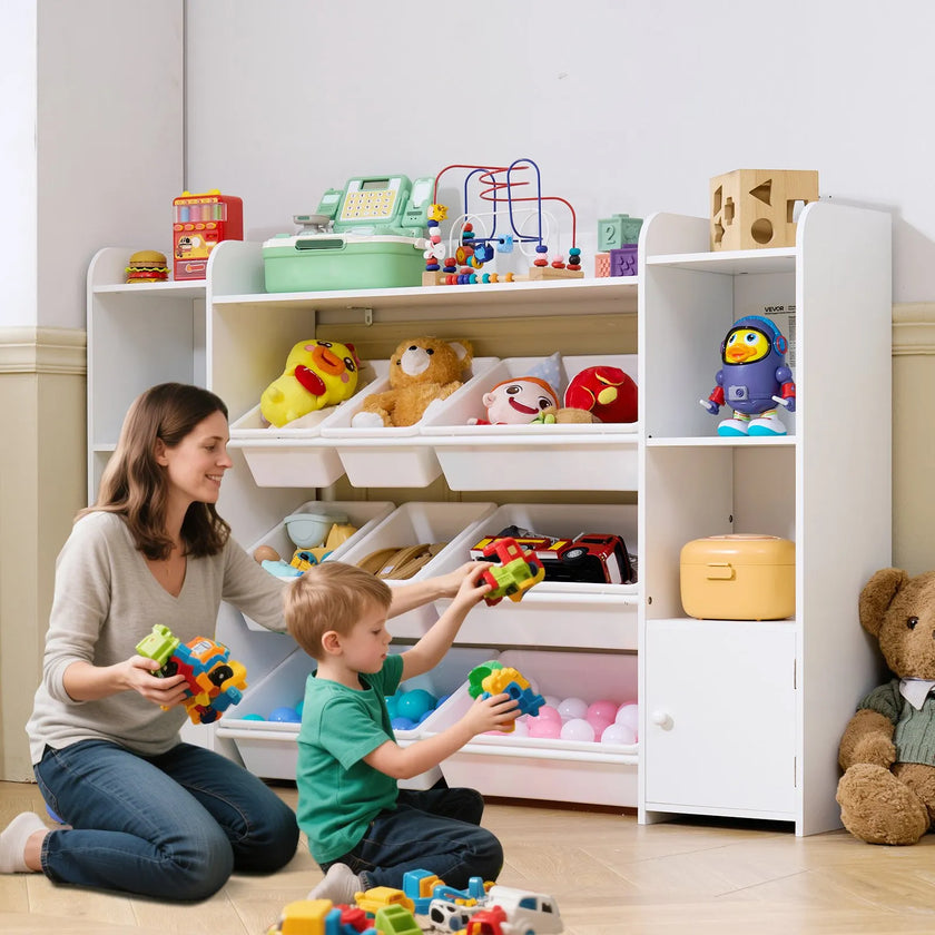 VEVOR 4-Tier Large Kids Toy Storage and Bookshelf with 8 Plastic Bins White