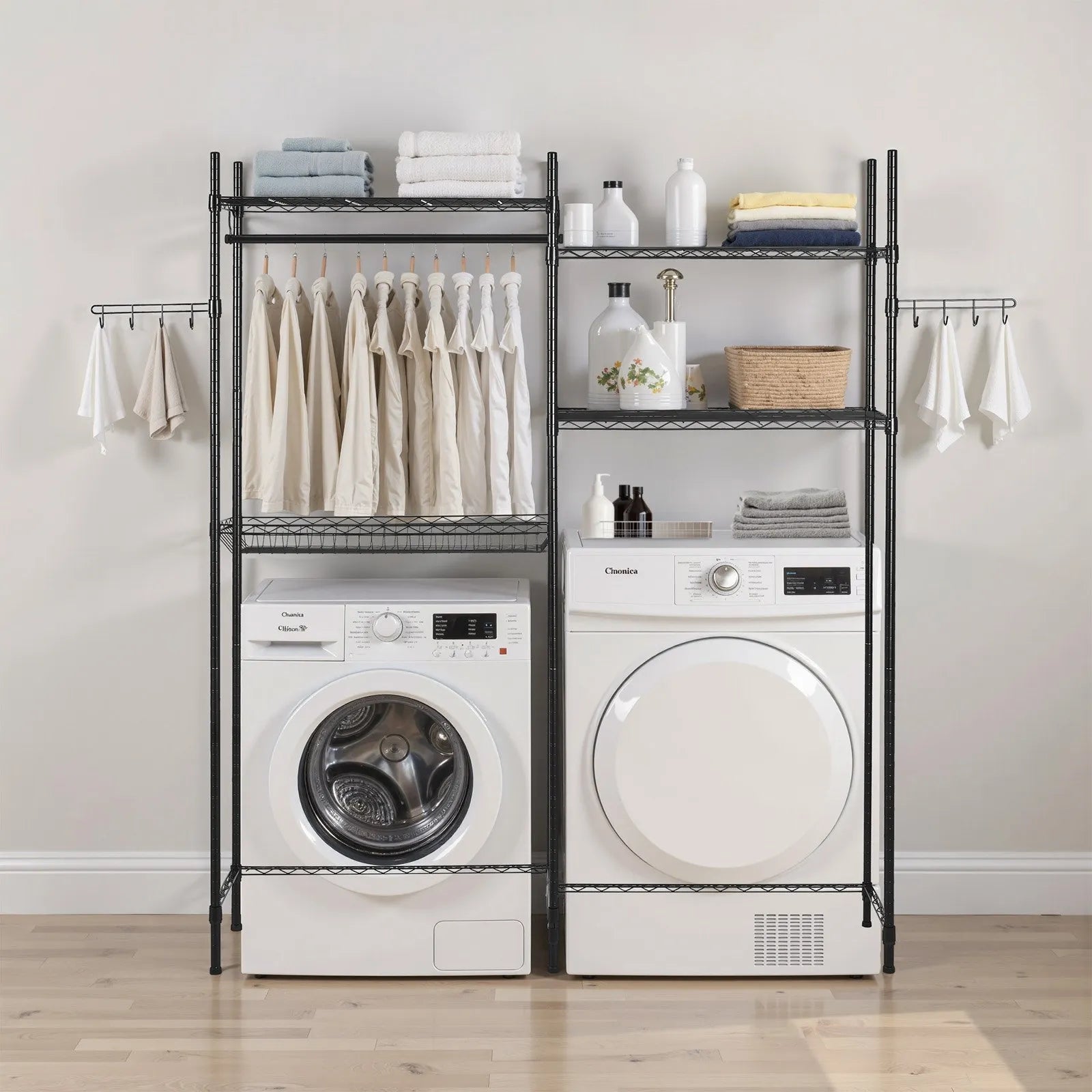 VEVOR Over Washer and Dryer Storage Shelf Two Row 4 Tiers Washer Rack Black