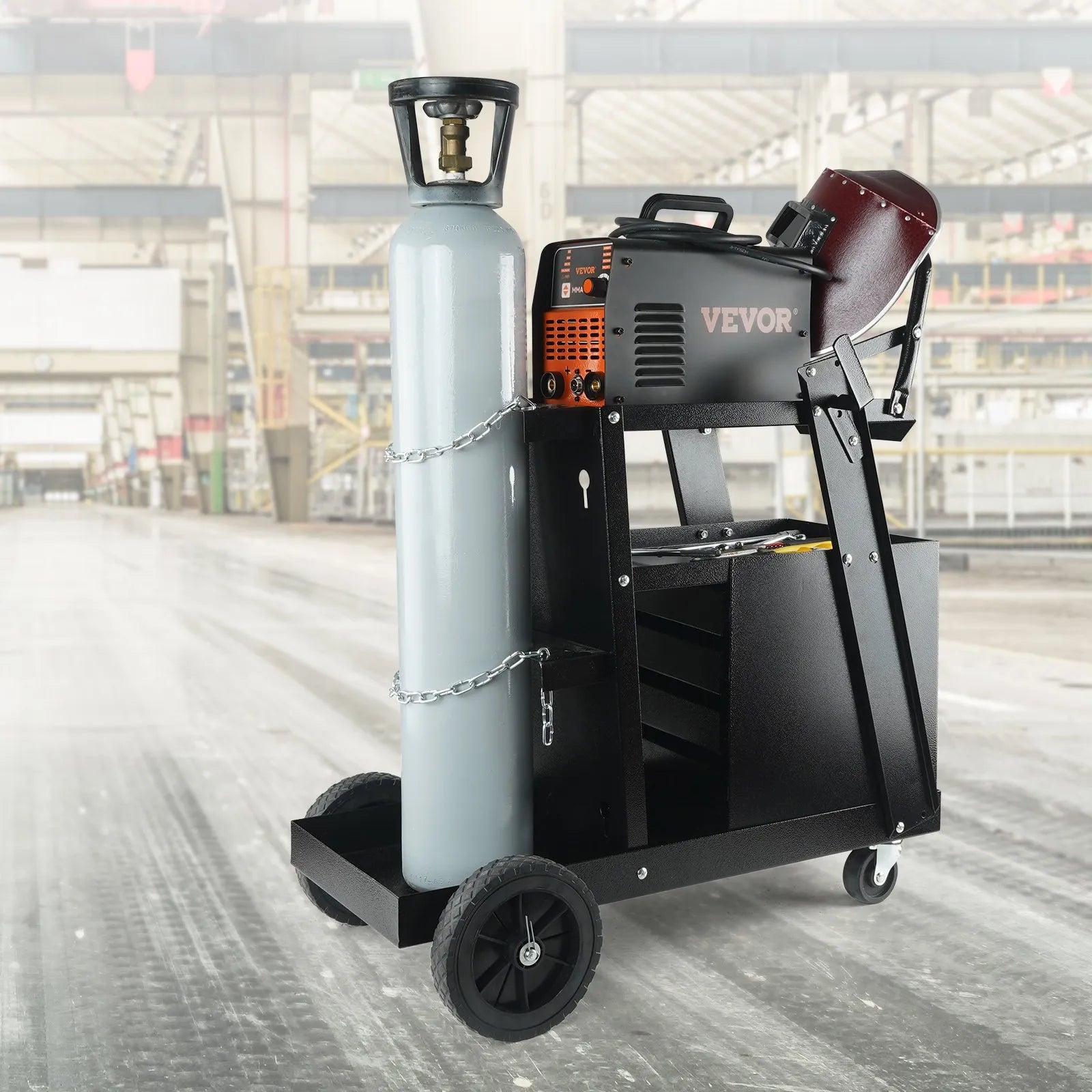 VEVOR 2-Tier 4 Drawers Welding Cart, Welder Cart with 265LBS Static Weight Capacity, 360° Swivel Wheels, Tank Storage Safety Chains, Heavy Duty Rolling for Mig Welder and Plasma Cutter