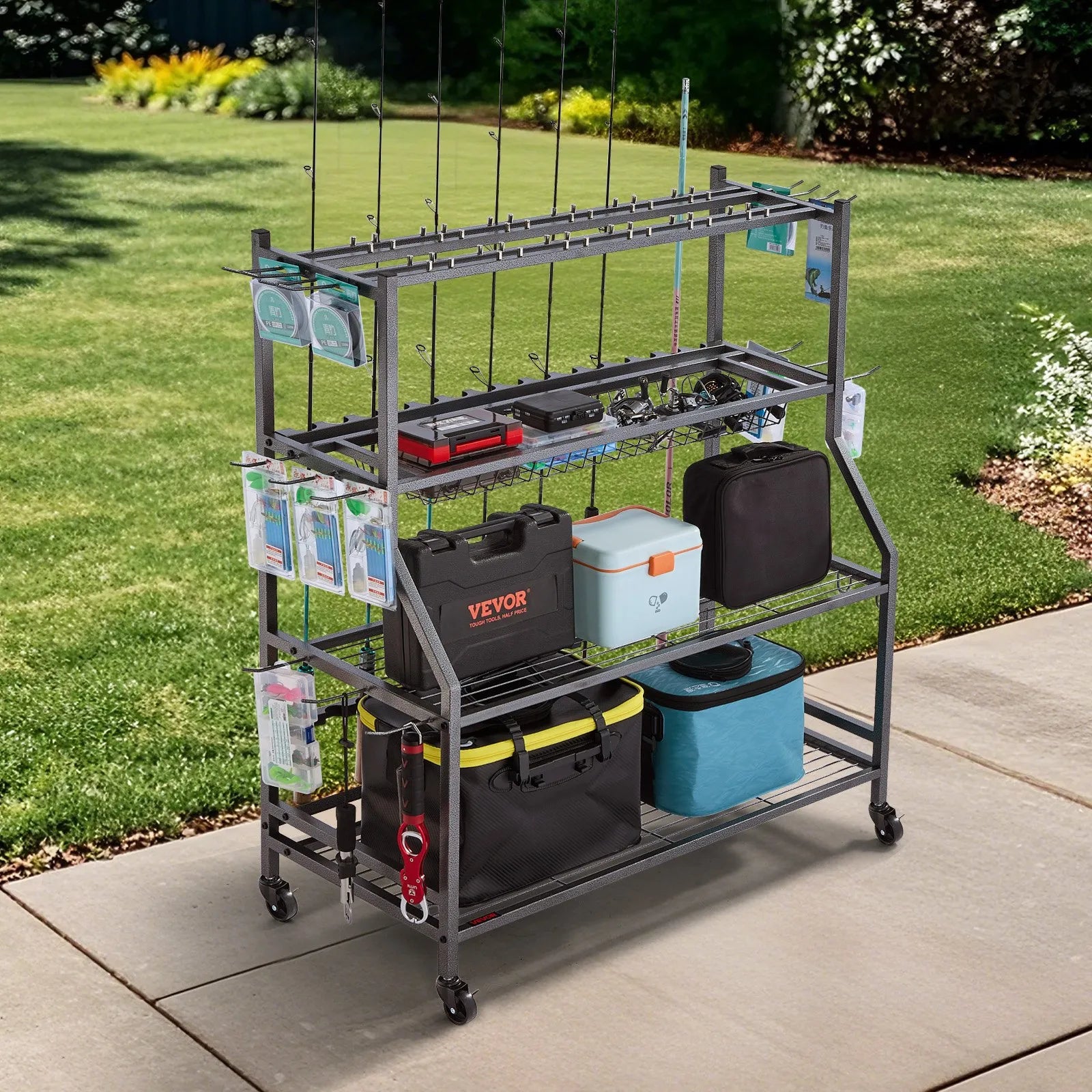 VEVOR 15 Pole Fishing Rod Holder Fishing Rack Cart Organizer for Garage Wheels