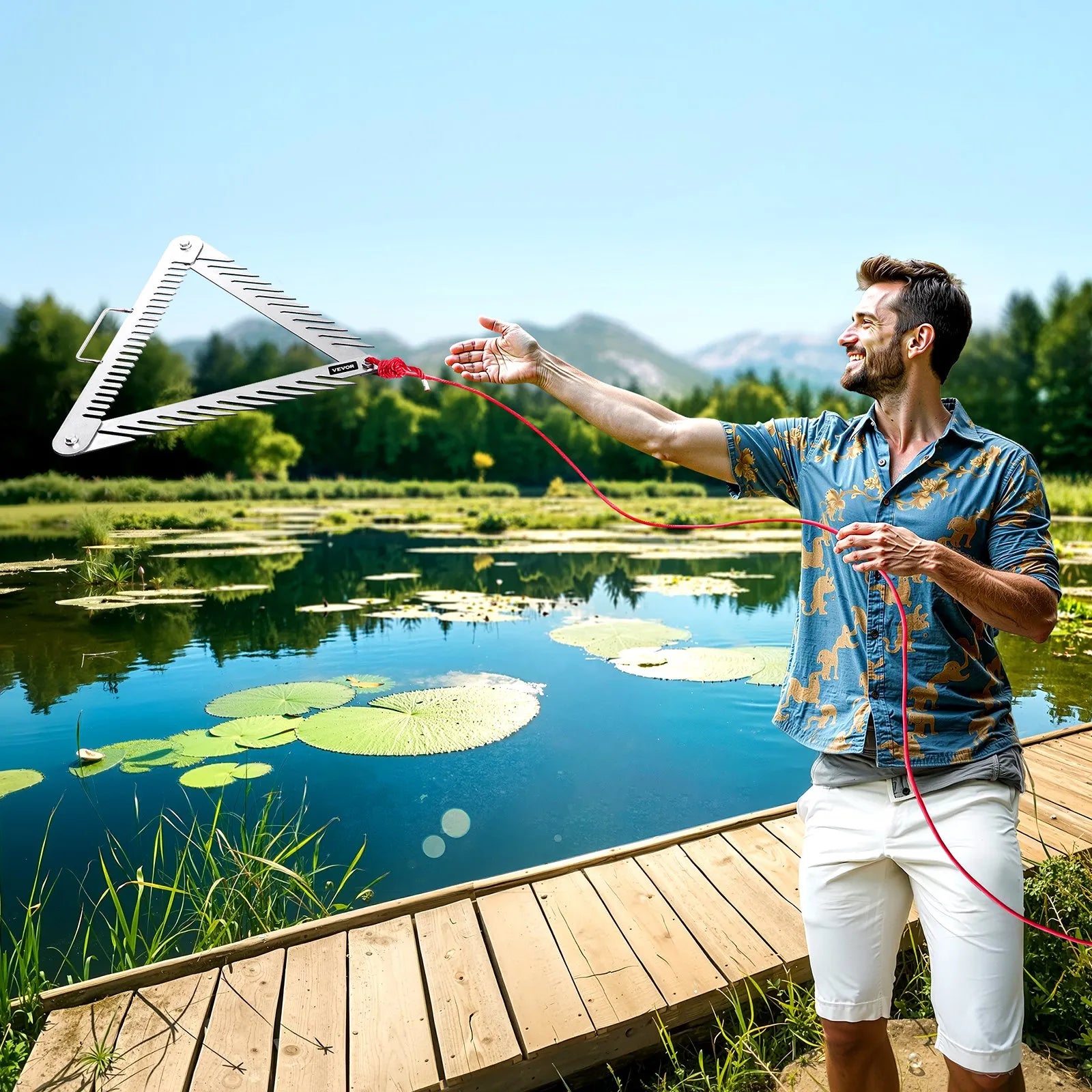 VEVOR 24in Aquatic Weed Rake 3-Sided Foldable Lake Weed Rake Handle 30ft Rope