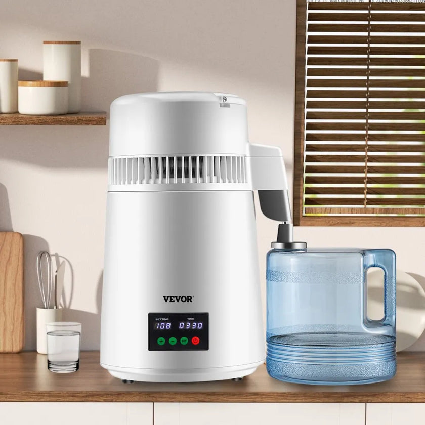 VEVOR 1.1Gal Water Distiller, 0.3Gal/H, 750W Distilled Water Maker Machine 0-99H Timing Set Temp Display, 304 Stainless Steel Countertop Distiller Glass Carafe Cleaning Powder 3 Carbon Packs, White