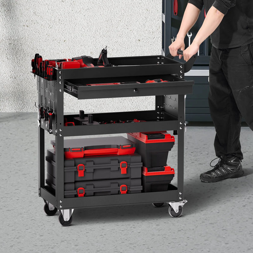 VEVOR 4-Tier Tool Cart on Wheels 350 lb Rolling Work Cart with Drawer & Pegboard