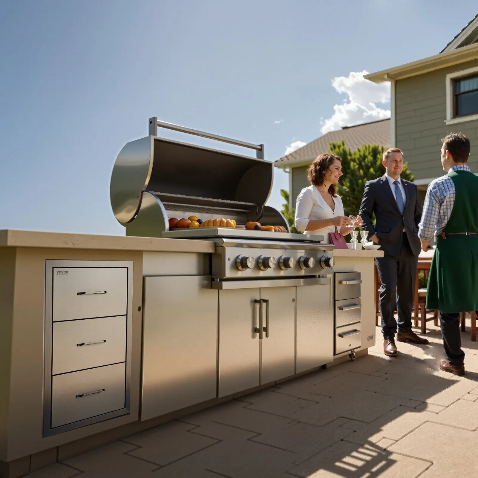 VEVOR 17W x 30H x 21D Inch Outdoor Kitchen Stainless Steel Double Access Drawers with Paper Towel Holder Combo for BBQ Island or Grill Station