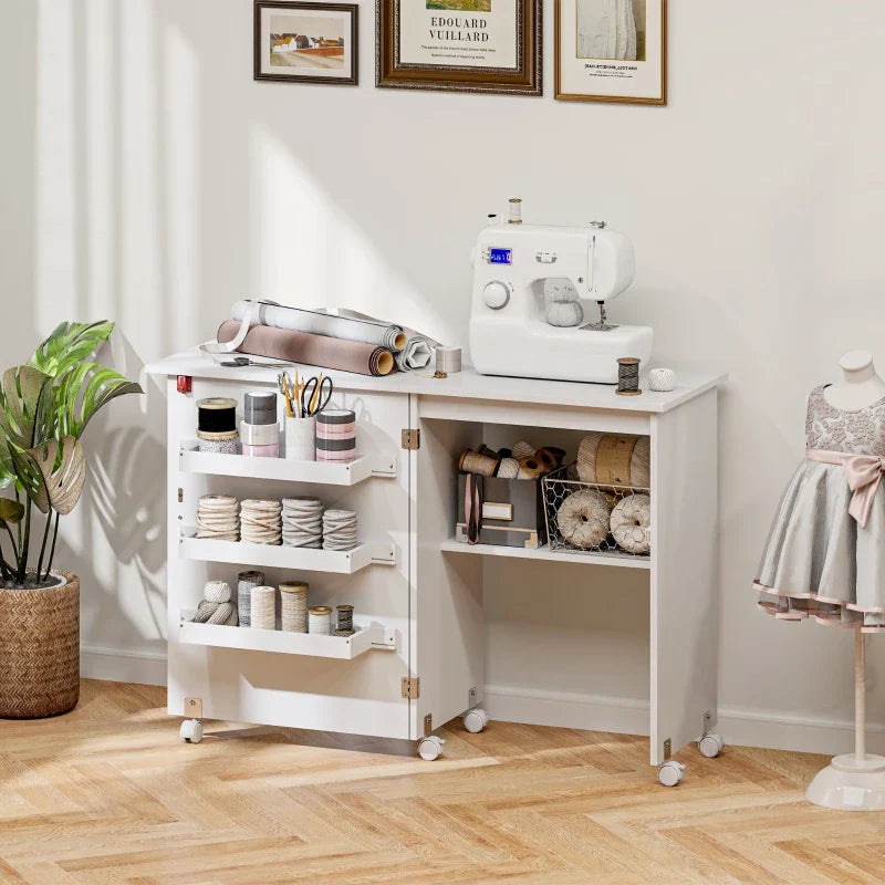 Sewing Machine Cabinet, Folding Sewing Table with Storage Shelf, Bins and Lockable Wheels for Small Space, White