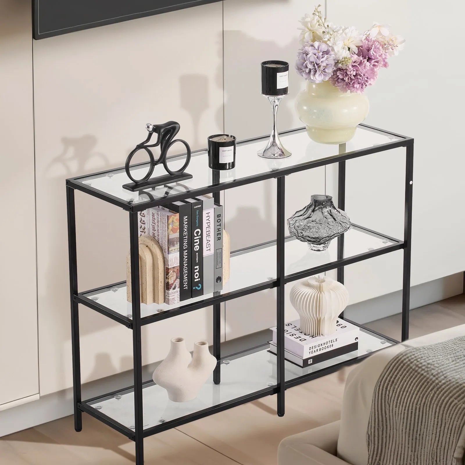 VEVOR 3-Tier Glass Console Table Rectangle Sofa Side Table with Anti-Tip Black
