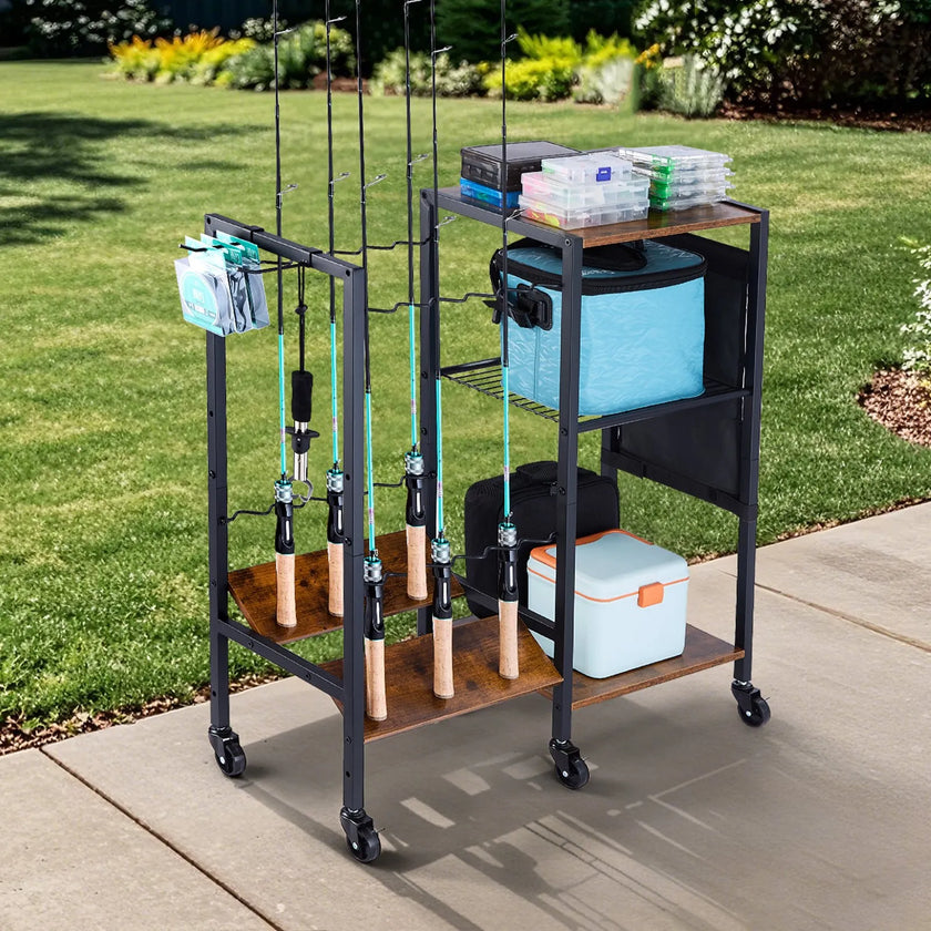 VEVOR 12 Pole Fishing Rod Holder Fishing Rack Cart Organizer for Garage Wheels