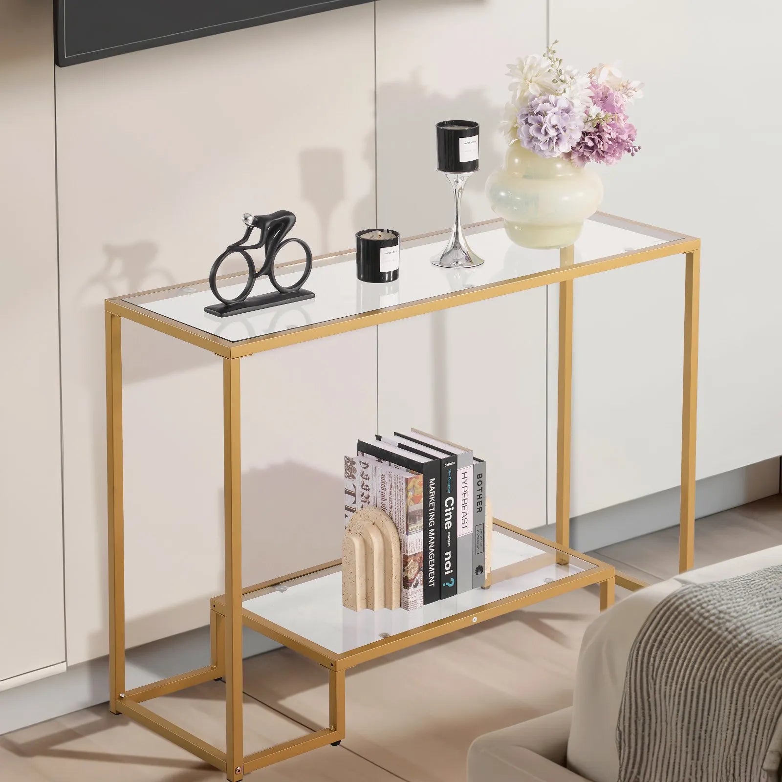 VEVOR 2-Tier Glass Console Table Rectangle Sofa Side Table with Anti-Tip Golden