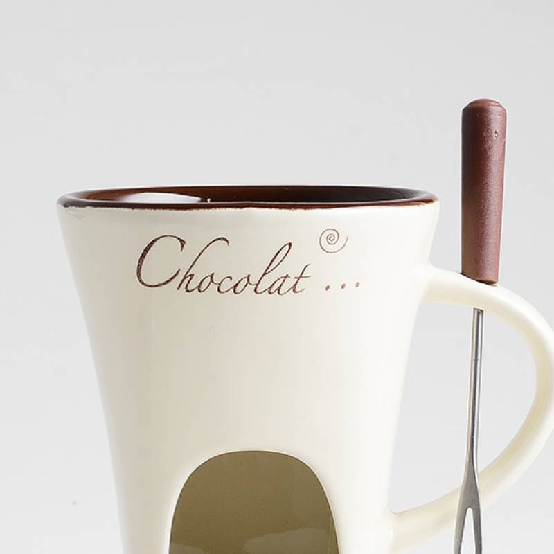 Mini Fondue Mug Set – Personal Ceramic Chocolate & Cheese Melting Pot with Fork (Beige, Coffee & Red)