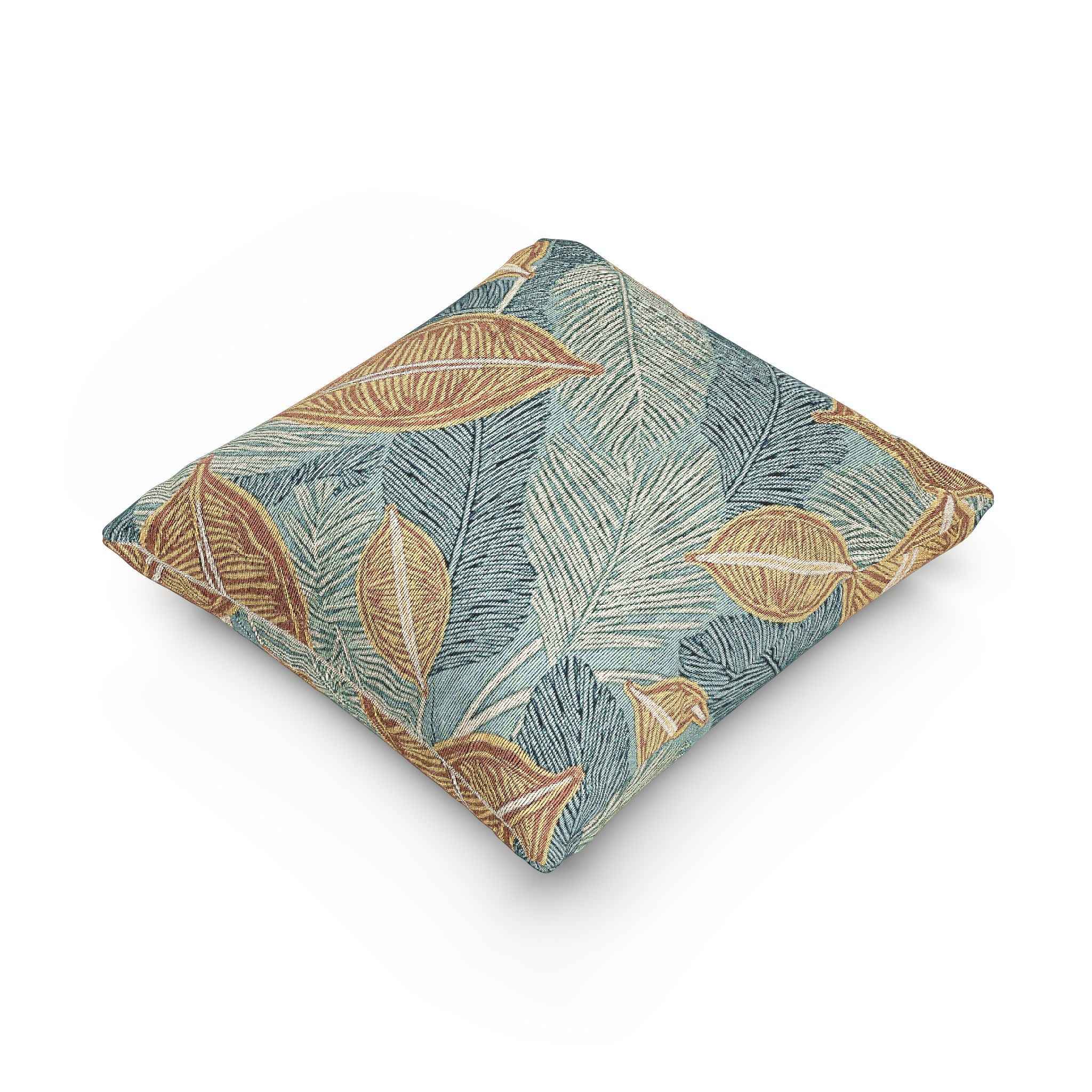 Tropical Leaf Woven Pillow | Teal Rust Boho Decorative Throw
