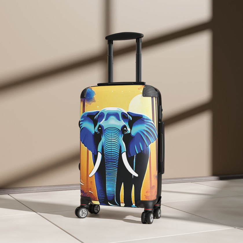 Elephant Sunset Suitcase — Vibrant Travel Luggage with Blue Elephant Design