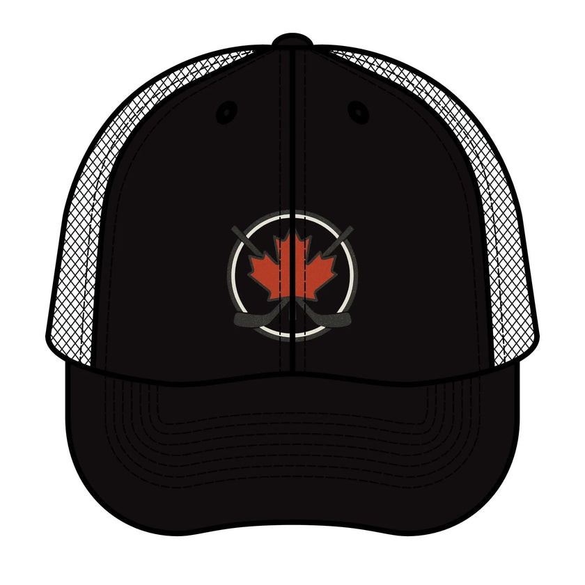 Maple Stick Hockey Hat Canadian Maple Leaf Cap with Crossed Hockey Sticks - Premium Snapback Trucker Hat - Canada Pride Baseball Cap