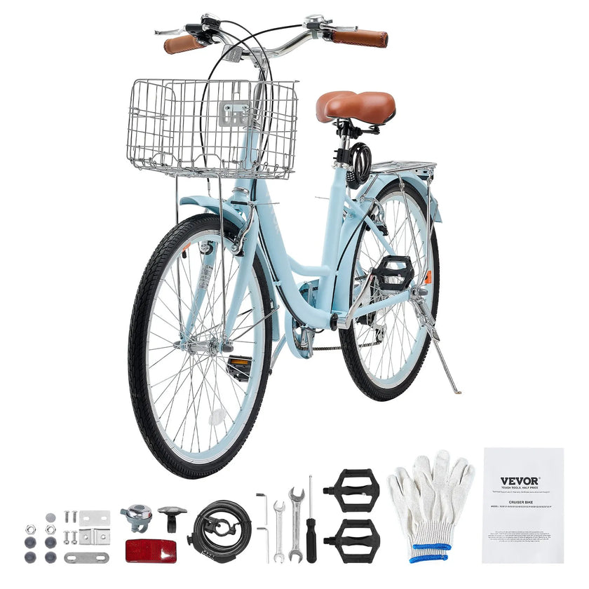 VEVOR 24-Inch Cruiser Bike 7-Speed Light Blue Beach Cruiser Bike with Basket