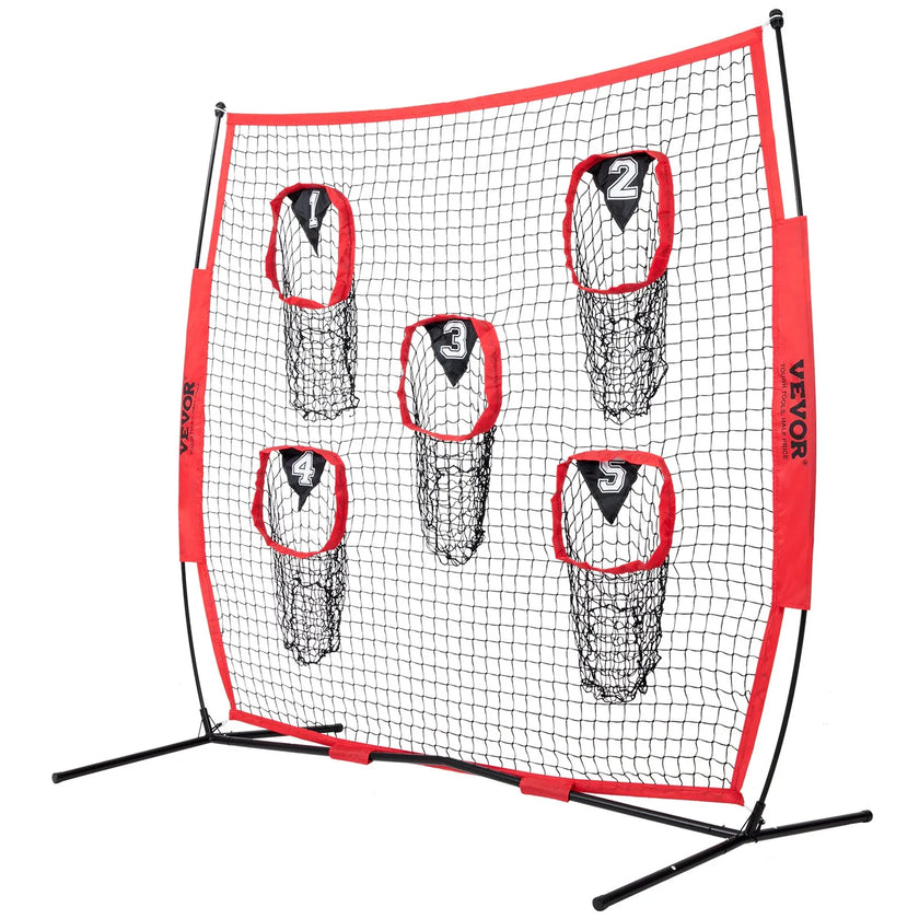VEVOR 8 x 8 ft Football Trainer Throwing Net, Training Throwing Target Practice Net with 5 Target Pockets, Knotless Net Includes Bow Frame and Portable Carry Case, Improve QB Throwing Accuracy, Red