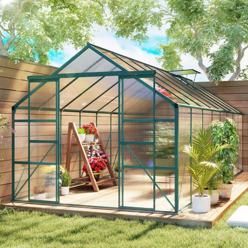 16' x 8' Aluminum Polycarbonate Greenhouse Walk-in Garden Greenhouse Kit with Adjustable Roof Vent, Rain Gutter and Sliding Door for Winter, Green