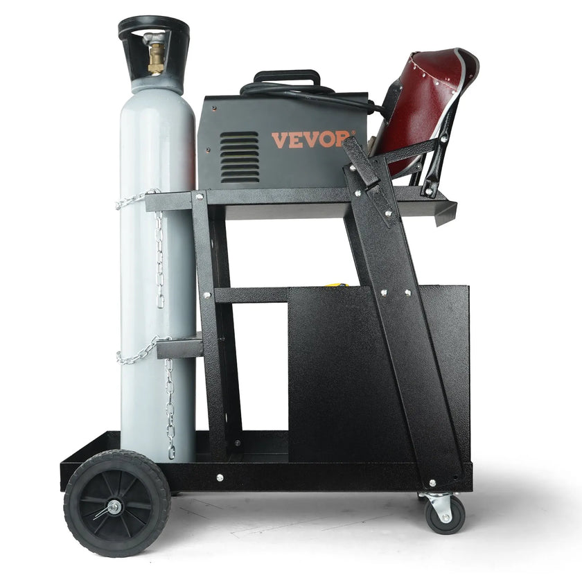 VEVOR 2-Tier 4 Drawers Welding Cart, Welder Cart with 265LBS Static Weight Capacity, 360° Swivel Wheels, Tank Storage Safety Chains, Heavy Duty Rolling for Mig Welder and Plasma Cutter