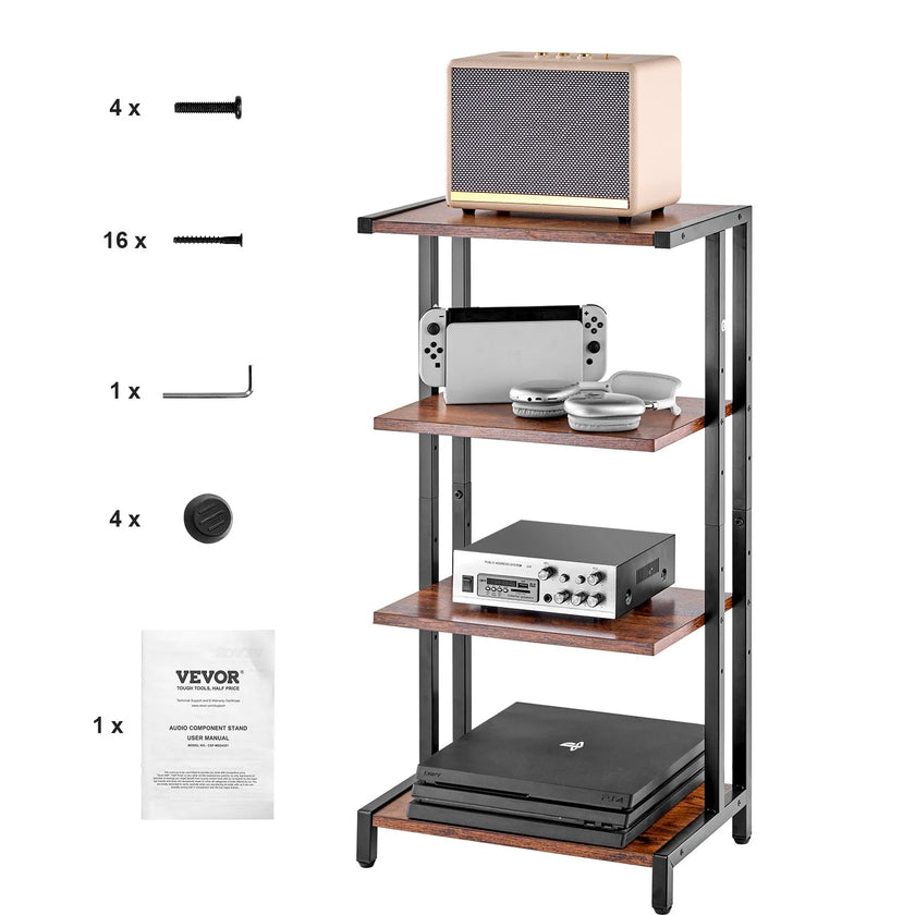 VEVOR 4-Tier AV Media Stand Height-Adjustable Wooden Audio-Video Media Stand