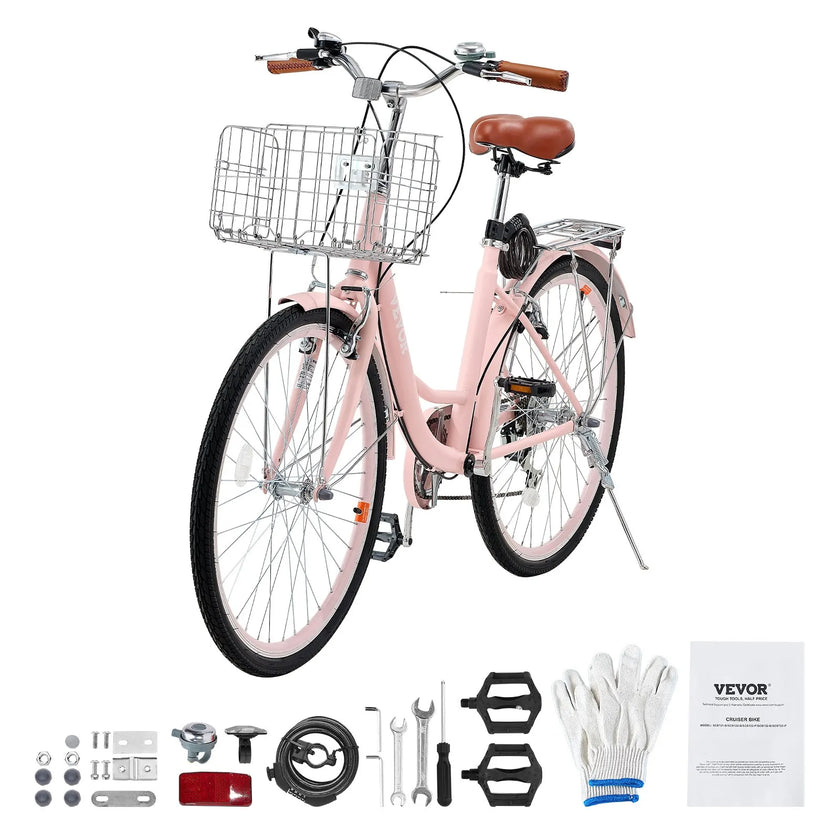 VEVOR 26-Inch Cruiser Bike 7-Speed Pink Beach Cruiser Bike with Basket