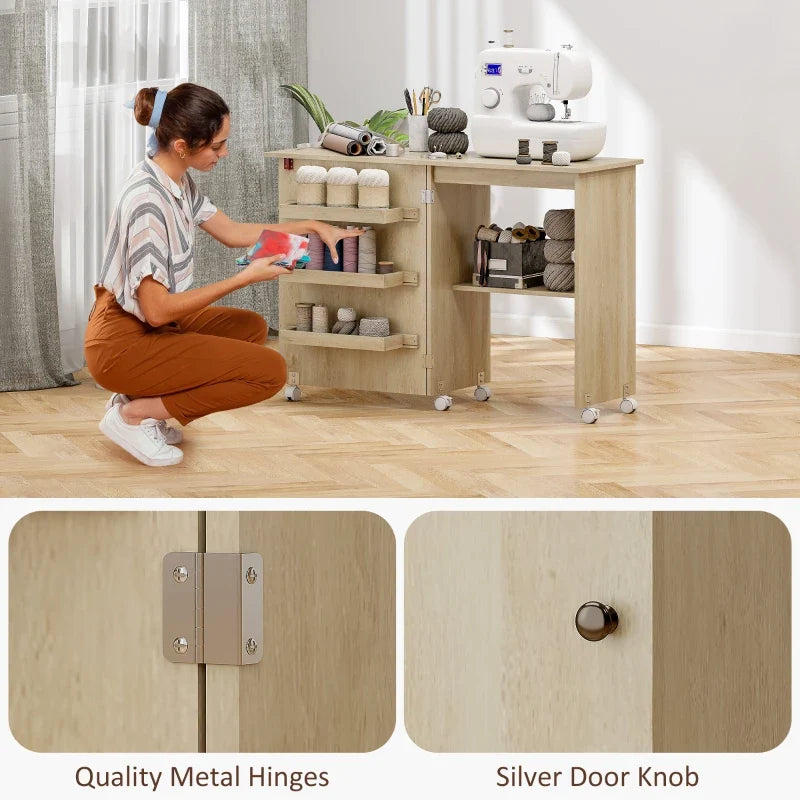 Sewing Machine Cabinet, Folding Sewing Table with Storage Shelf, Bins and Lockable Wheels for Small Space, Nature Wood