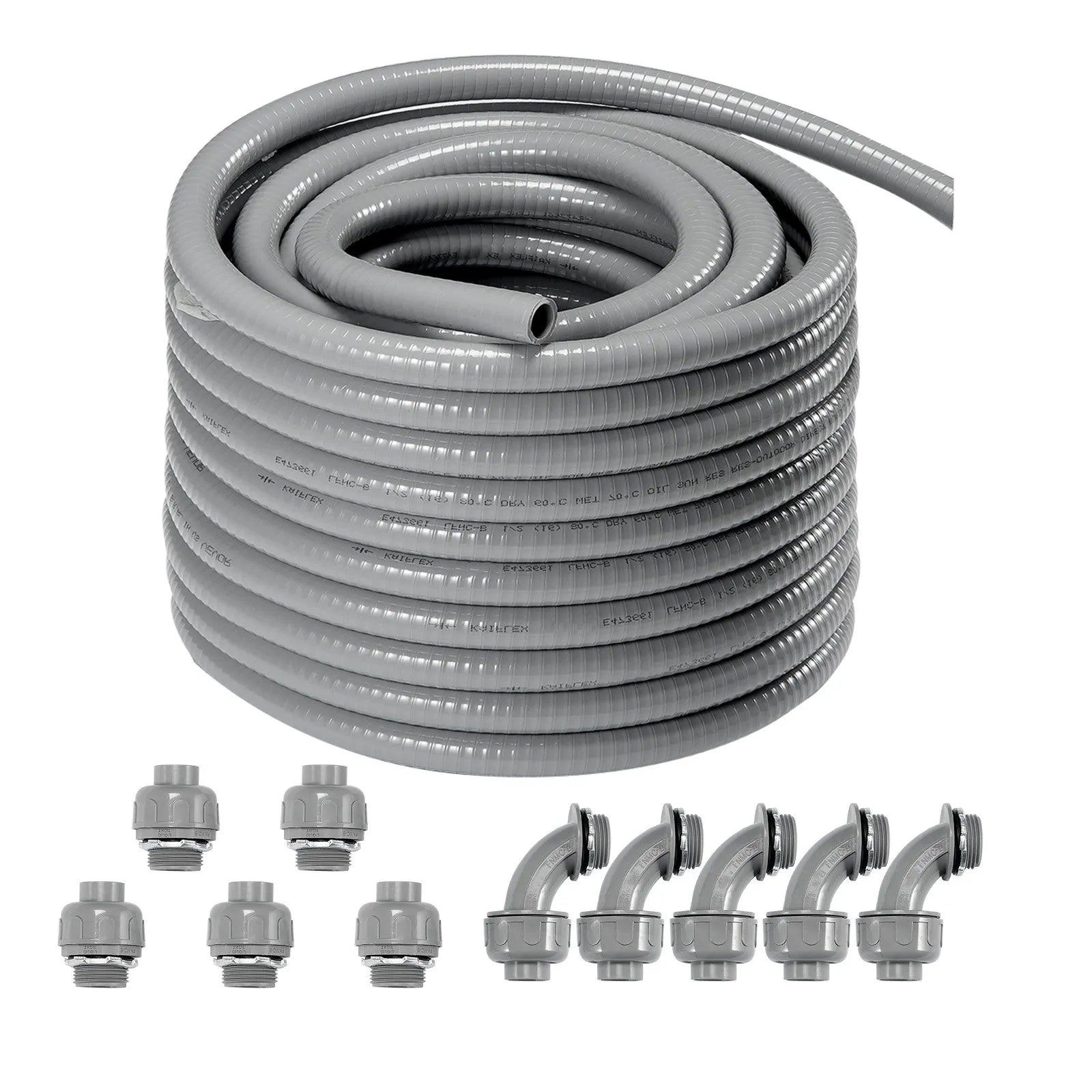 VEVOR 1-Inch Flexible Electrical Conduit, 100 ft, PVC Liquid-Tight Conduit Non-Metallic with 5 Straight and 5 90-Degree Conduit Connector Fittings, for Air Conditioning Motor Controller Pump, IP65