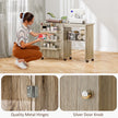 Sewing Machine Cabinet, Folding Sewing Table with Storage Shelf, Bins and Lockable Wheels for Small Space, Grey