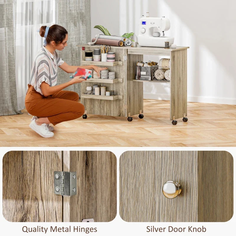 Sewing Machine Cabinet, Folding Sewing Table with Storage Shelf, Bins and Lockable Wheels for Small Space, Grey