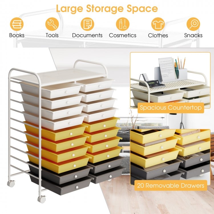 20 Drawers Storage Rolling Cart Studio Organizer-Yellow