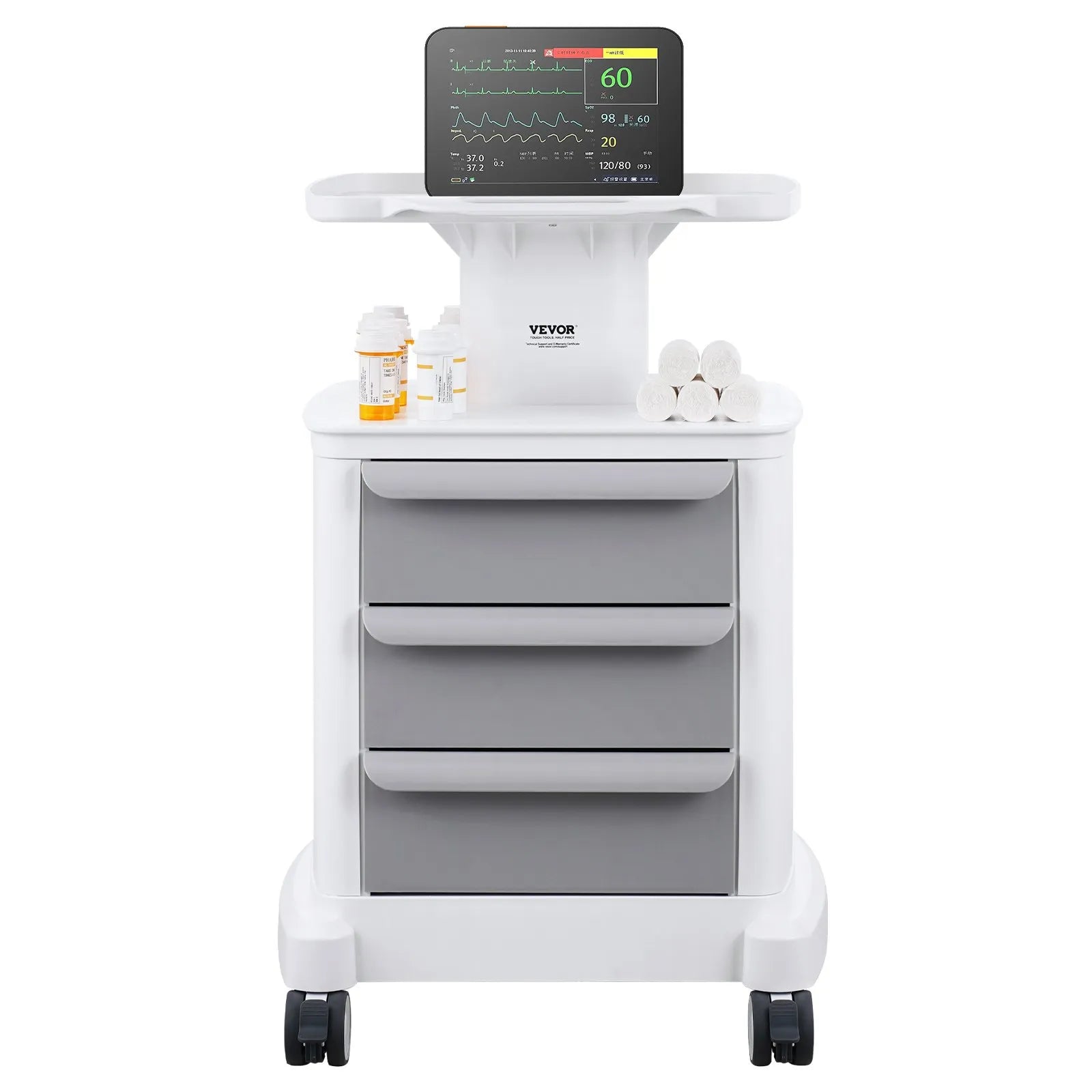 VEVOR 4 Tiers Lab Carts Mobile Medical Cart with 3 Drawers & 1 Top Tray White
