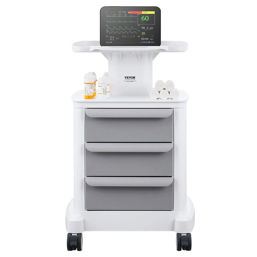 VEVOR 4 Tiers Lab Carts Mobile Medical Cart with 3 Drawers & 1 Top Tray White