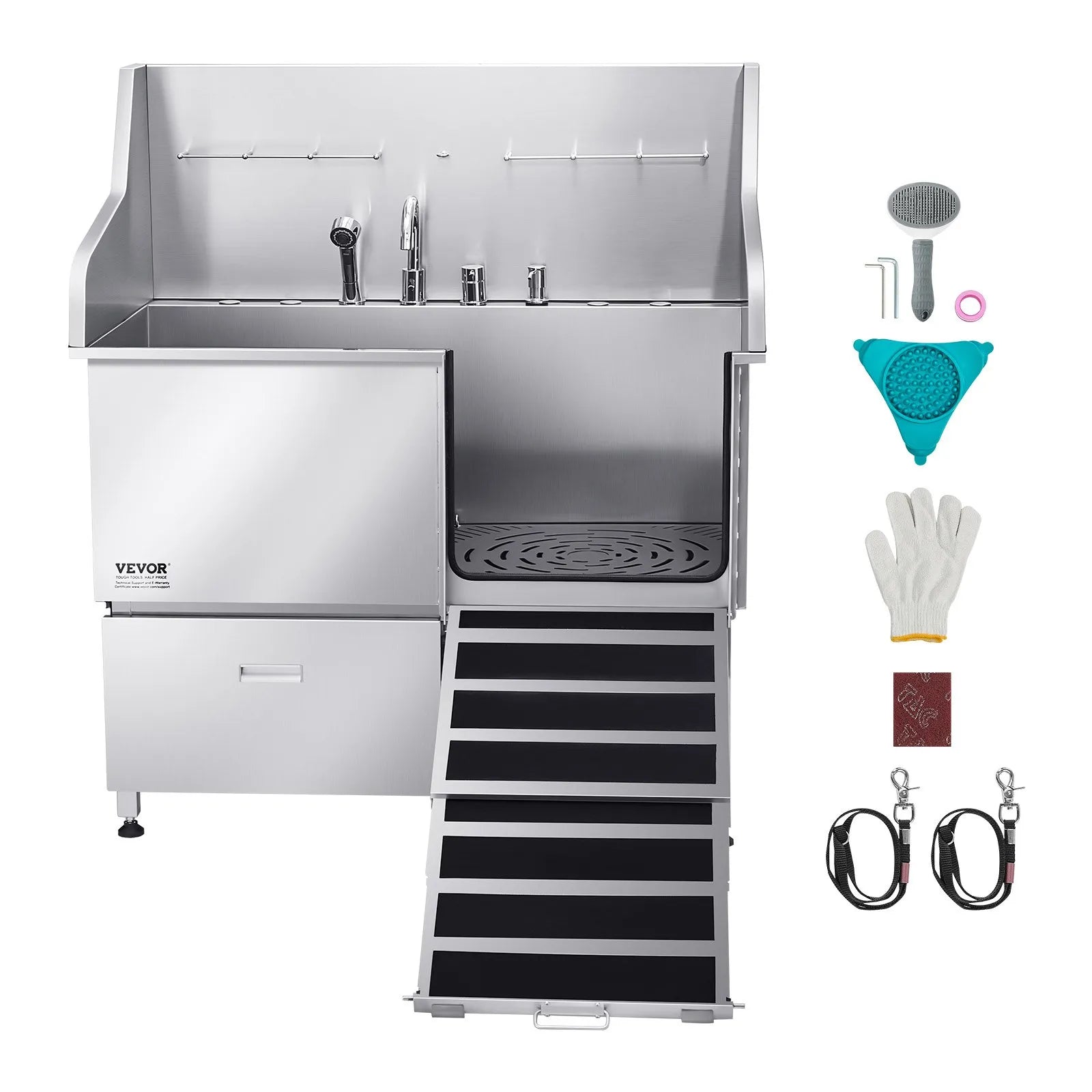 VEVOR 50 Inch Dog Grooming Bath Tub Stainless Steel w Ramp Faucet Showerhead
