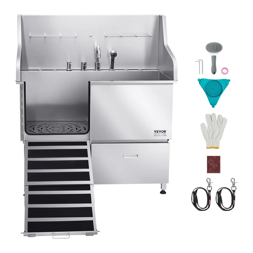 VEVOR 50 Inch Dog Grooming Bath Tub Stainless Steel w Ramp Faucet Left Door