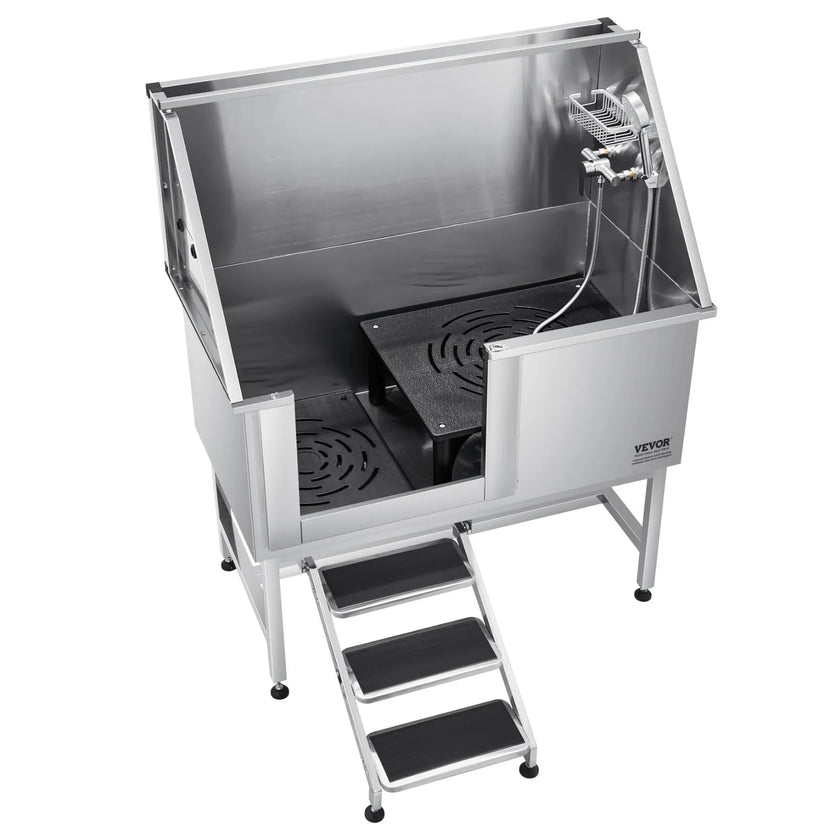 VEVOR 50 Inch Dog Grooming Bath Tub Stainless Steel w Stairs Water Filter Left