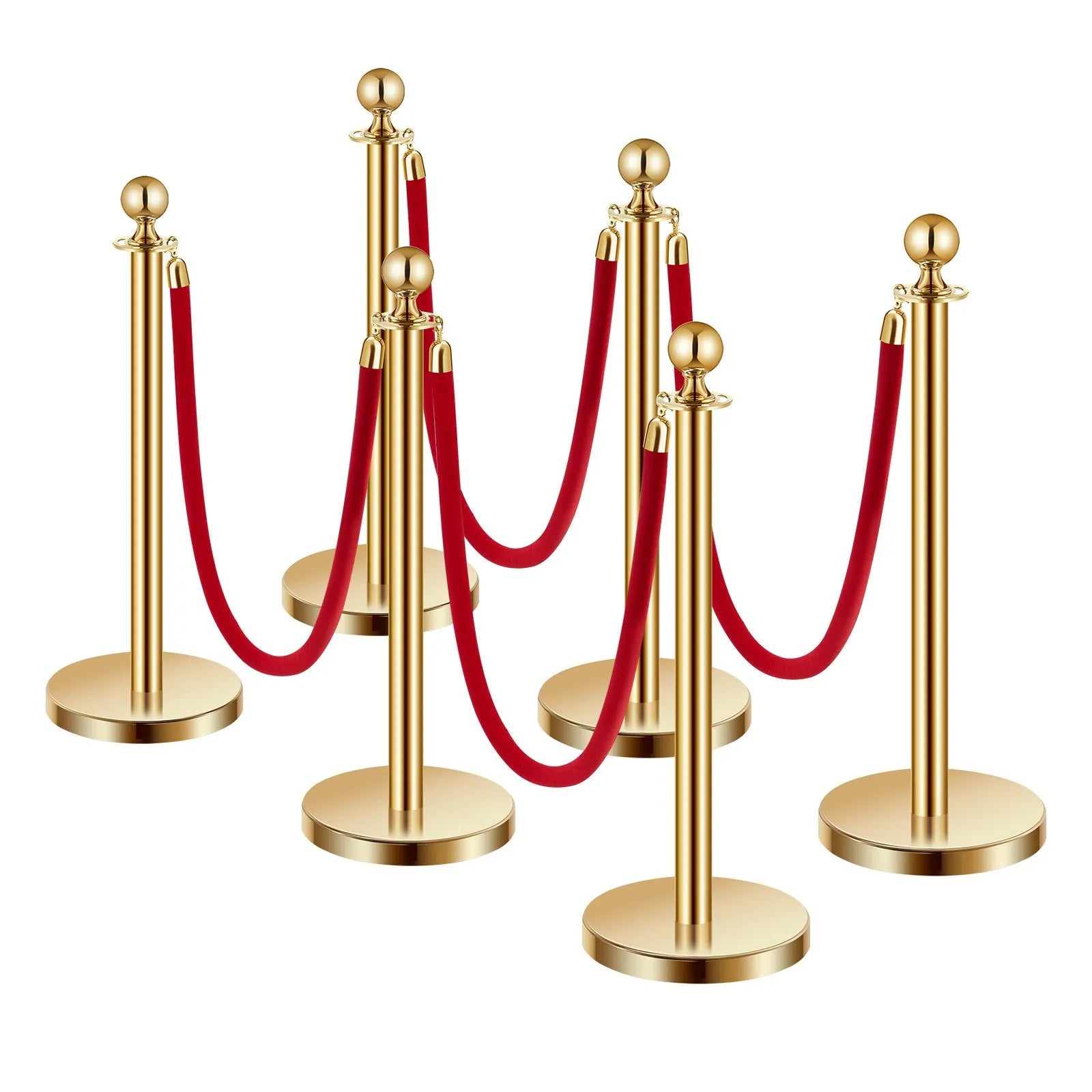 VEVOR 6 Pcs Gold Stanchion Post 4 Red Velvet Ropes Sand Injection Hollow Base