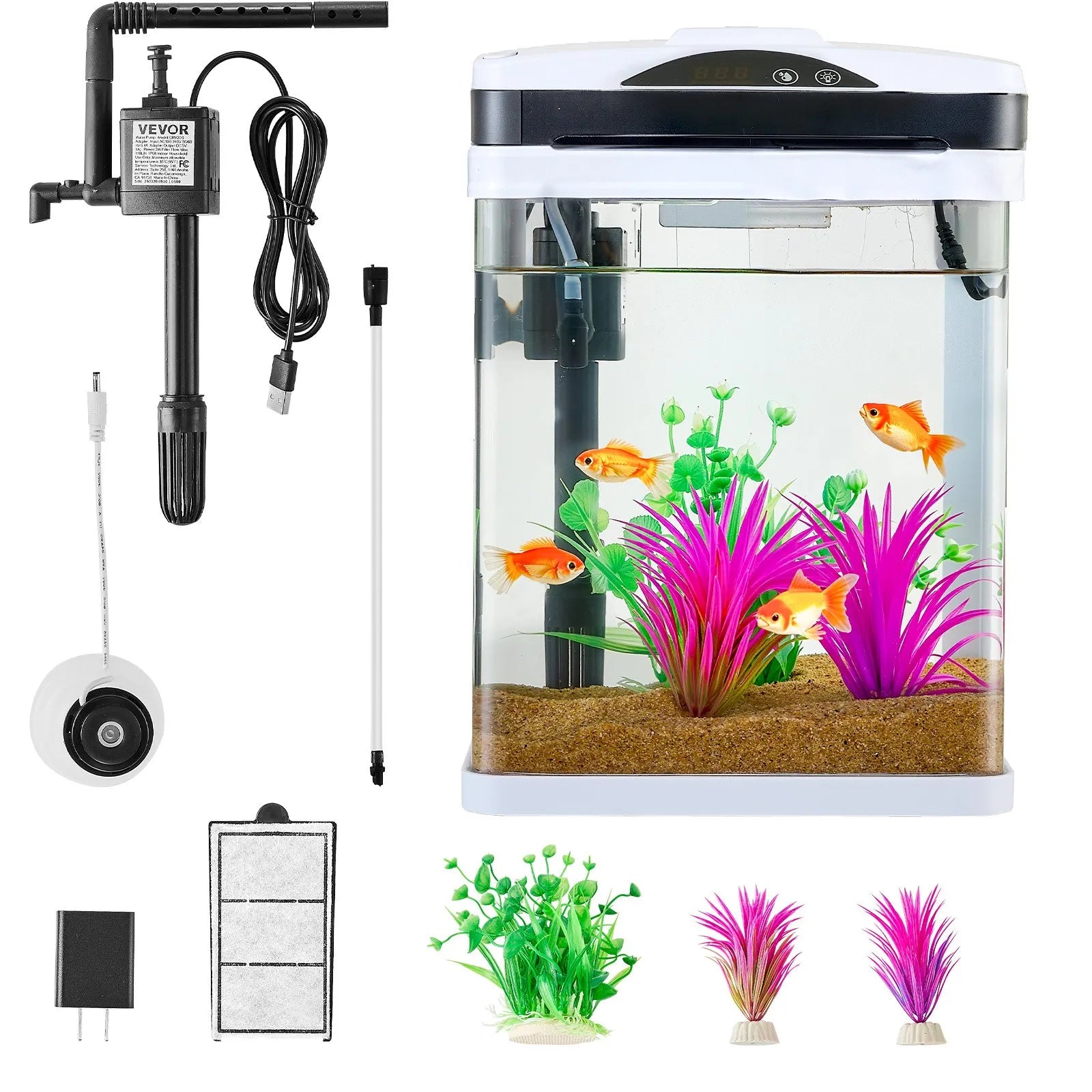 VEVOR 2 Gallon Fish Tank Aquarium LED Square Clear Glass 7 Color Self Cleaning