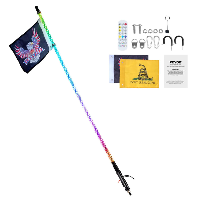 VEVOR 1 PC 5 FT Whip Light, APP & RF Remote Control Led Whip Light, Waterproof 360°Spiral RGB Chasing Lighted Whips with 2 Flags, for UTVs, ATVs, Motorcycles, RZR, Can-am, Trucks, Off-road, Go-karts
