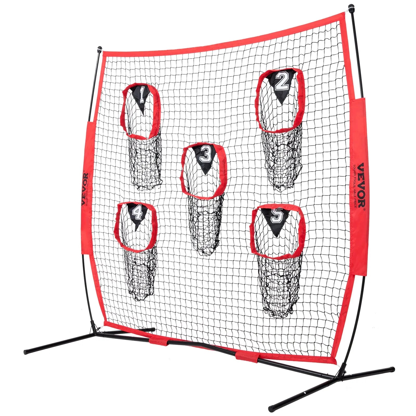 VEVOR 6 x 6 ft Football Trainer Throwing Net, Training Throwing Target Practice Net with 5 Target Pockets, Knotless Net Includes Bow Frame and Portable Carry Case, Improve QB Throwing Accuracy, Red