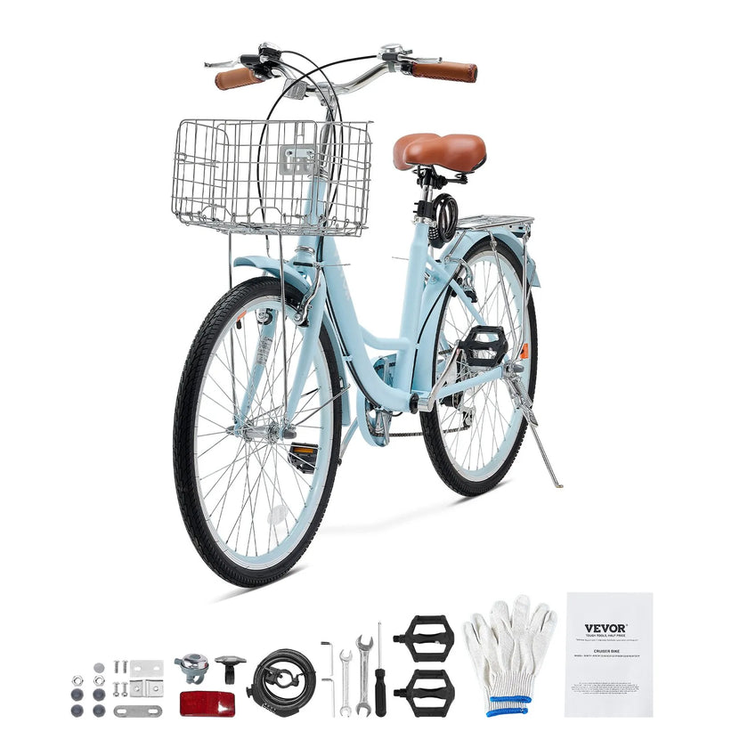 VEVOR 26-Inch Cruiser Bike 7-Speed Light Blue Beach Cruiser Bike with Basket