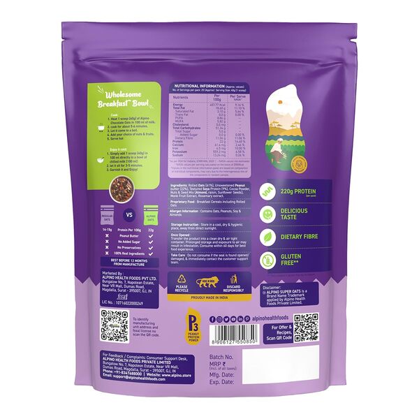Super flocons d'avoine riches en protéines au chocolat – Flocons d'avoine, beurre de cacahuète naturel, poudre de cacao, noix et graines – 22 % de protéines, source de fibres alimentaires et de graisses saines, sans sucre ni sel ajoutés.