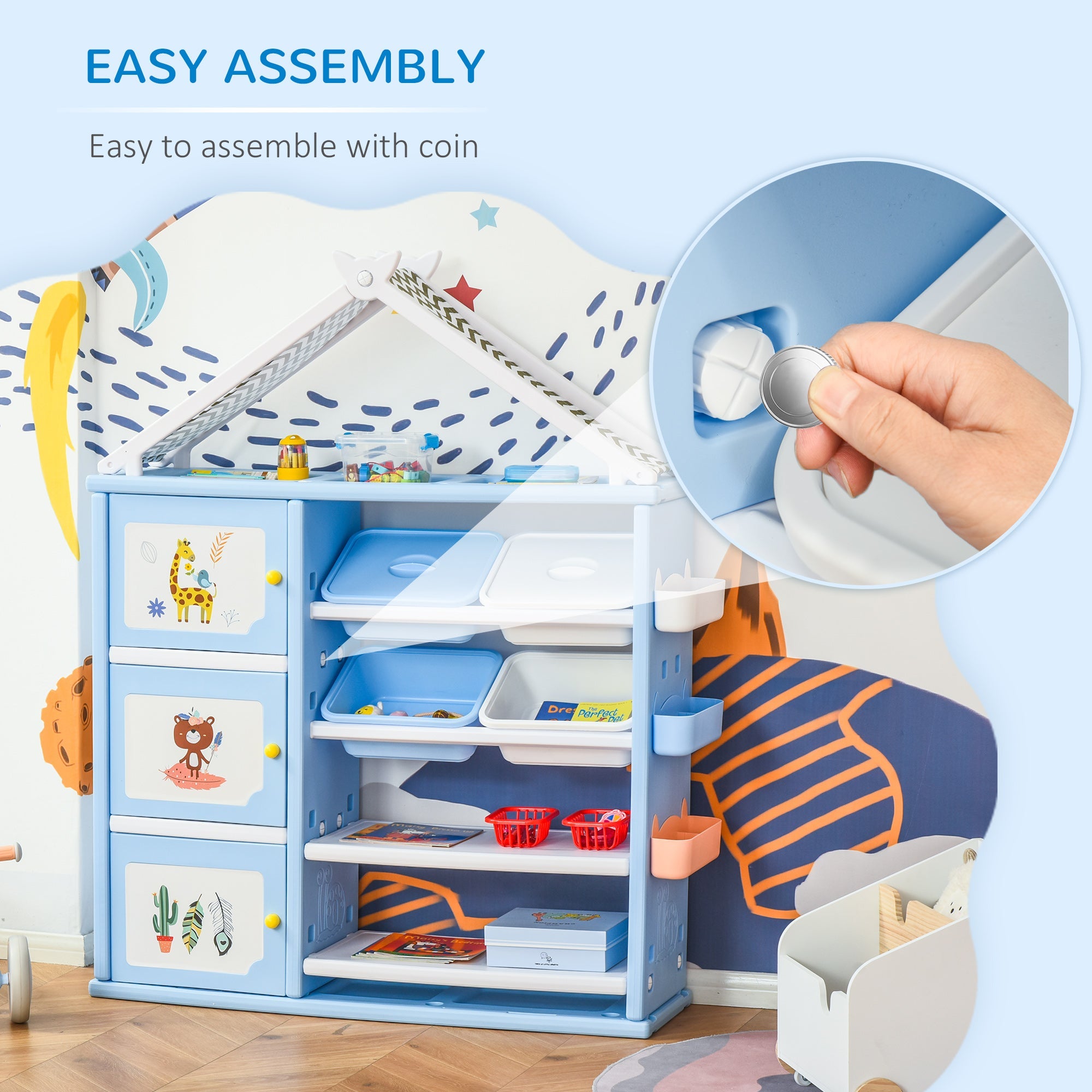 Qaba Kids Toy Storage Organiser, 3 Cabinets, 4 Bins, Bookshelf, ASTM Certified, Ages 3-8, Blue