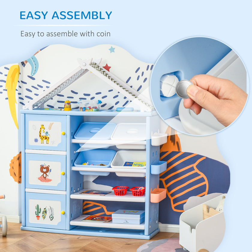 Qaba Kids Toy Storage Organiser, 3 Cabinets, 4 Bins, Bookshelf, ASTM Certified, Ages 3-8, Blue