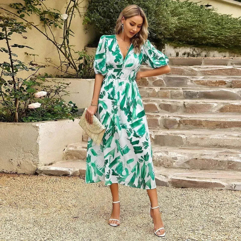 Summer Chiffon Floral Printed Temperament Waist-controlled V-neck Casual Midi Dress