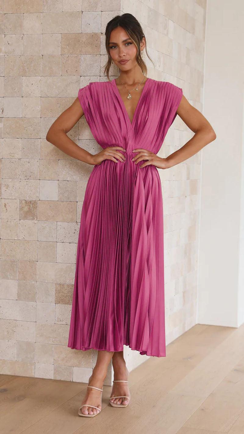 Women's V-Neck Pleated Midi Dress – Sleeveless Zip Casual Summer Dress