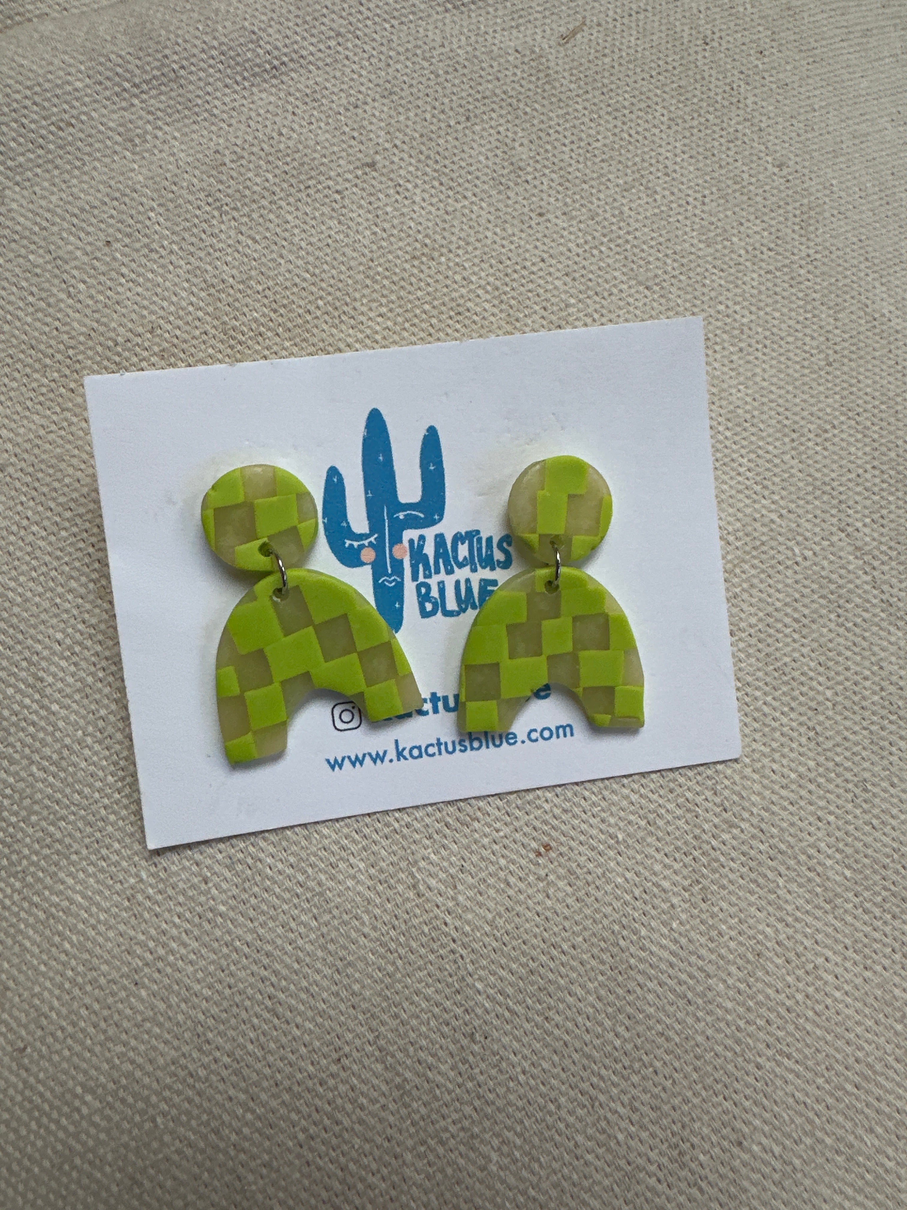 Kactus Blue Checkered Lime Green Clay  Earrings