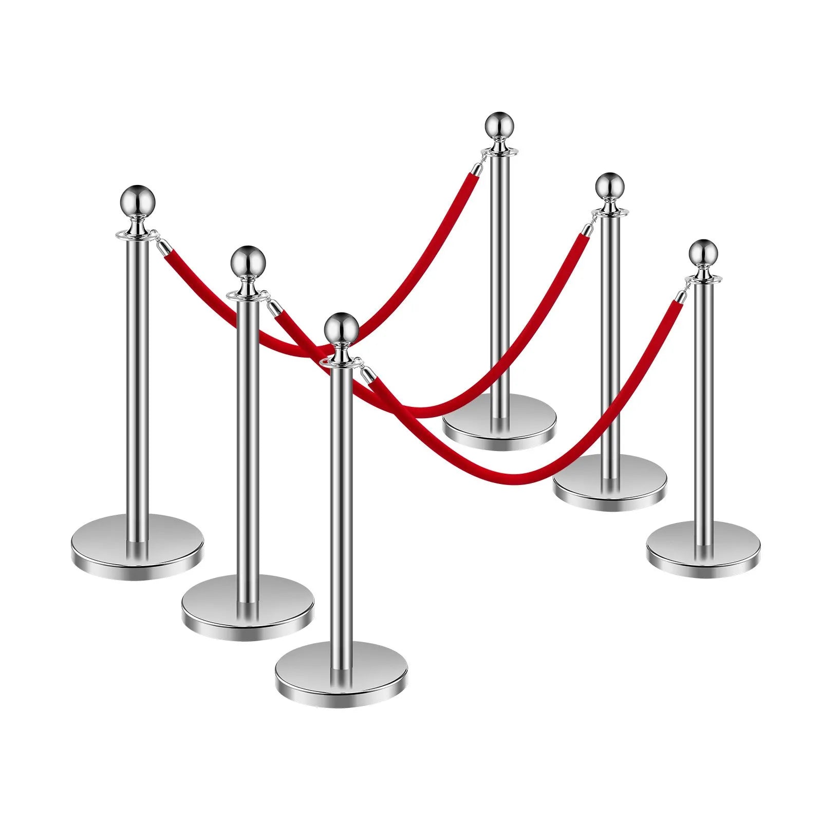 VEVOR 6 Pcs Silver Stanchion Post 3 Red Velvet Ropes Sand Injection Hollow Base