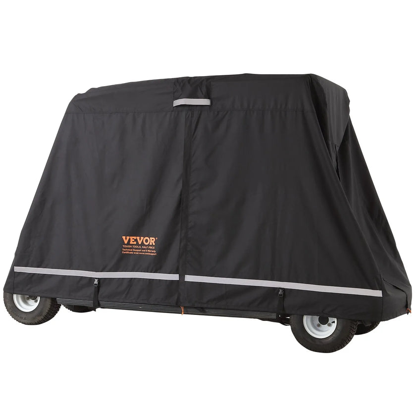 VEVOR 4 Passenger Golf Cart Cover, 600D Polyester Full Cover, Universal Fits for Most Brand Club Car Covers, Waterproof, Sunproof, and Dustproof Outdoor Golf Cart Cover with Three Zipper Doors, Black