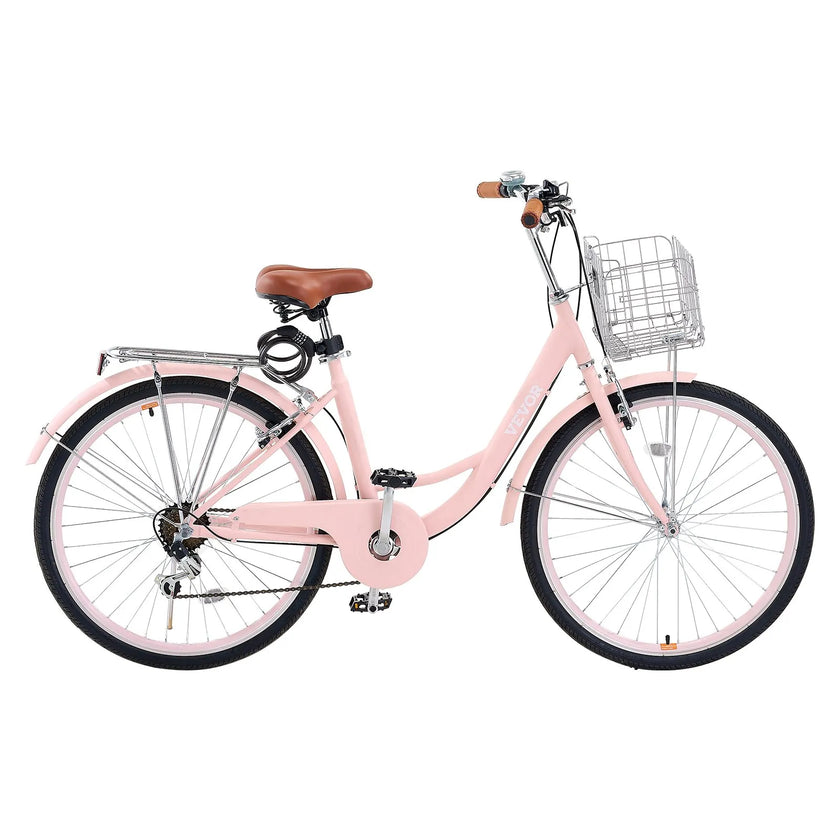 VEVOR 26-Inch Cruiser Bike 7-Speed Pink Beach Cruiser Bike with Basket