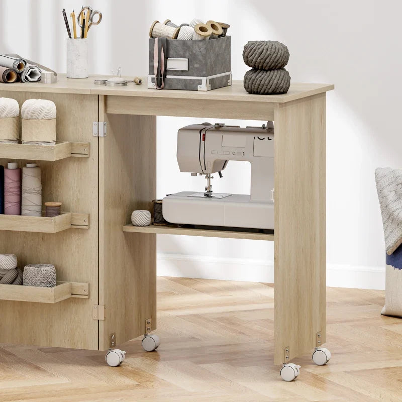 Sewing Machine Cabinet, Folding Sewing Table with Storage Shelf, Bins and Lockable Wheels for Small Space, Nature Wood